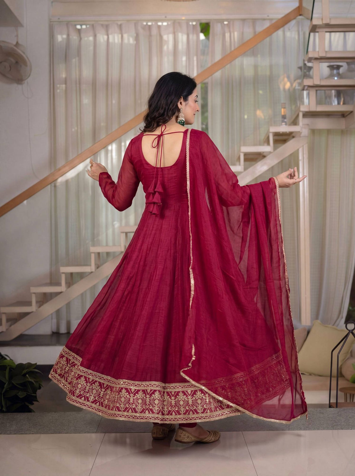 Maroon Anarkali - back tie-up with tassels