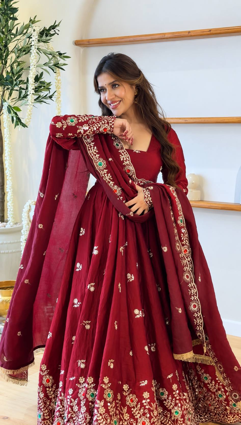 Maroon Crush Embroidered Sequins Diamond Work Gown with Dupatta