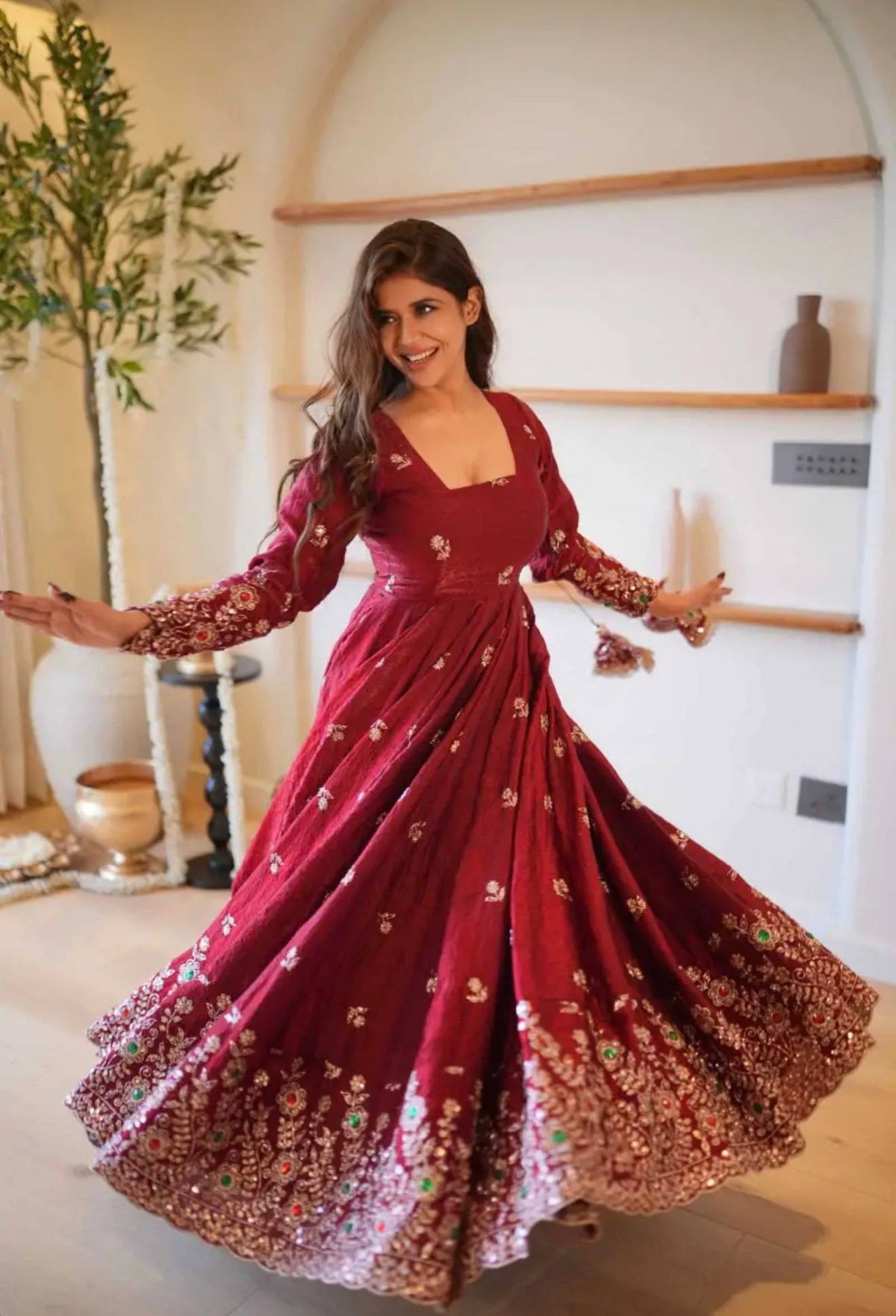 Maroon Crush Embroidered Sequins Diamond Work Gown with Dupatta