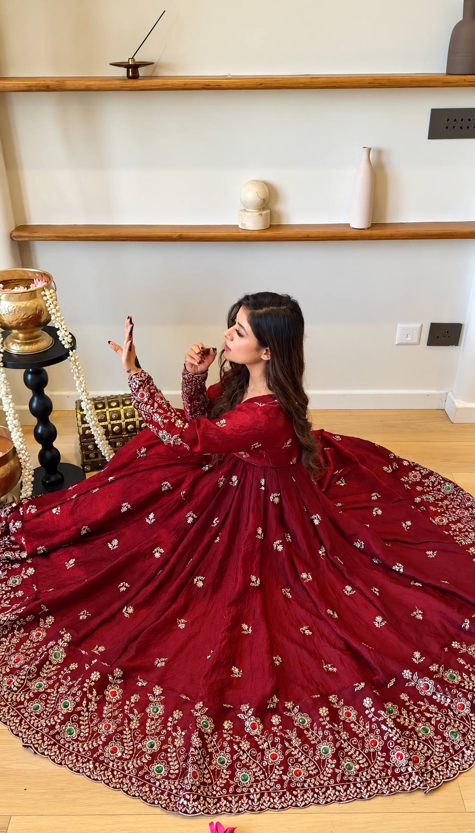 Maroon Crush Embroidered Sequins Diamond Work Gown with Dupatta