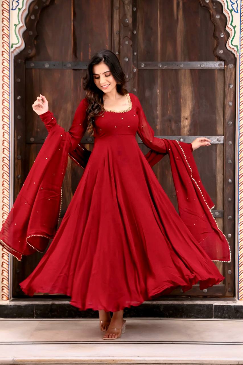 Maroon Georgette Hand Work Anarkali Gown with Pant & Dupatta