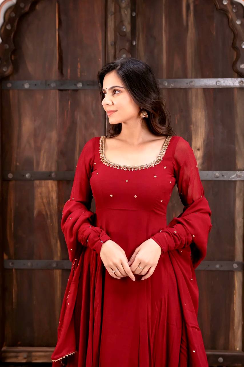 Maroon Georgette Hand Work Anarkali Gown with Pant & Dupatta