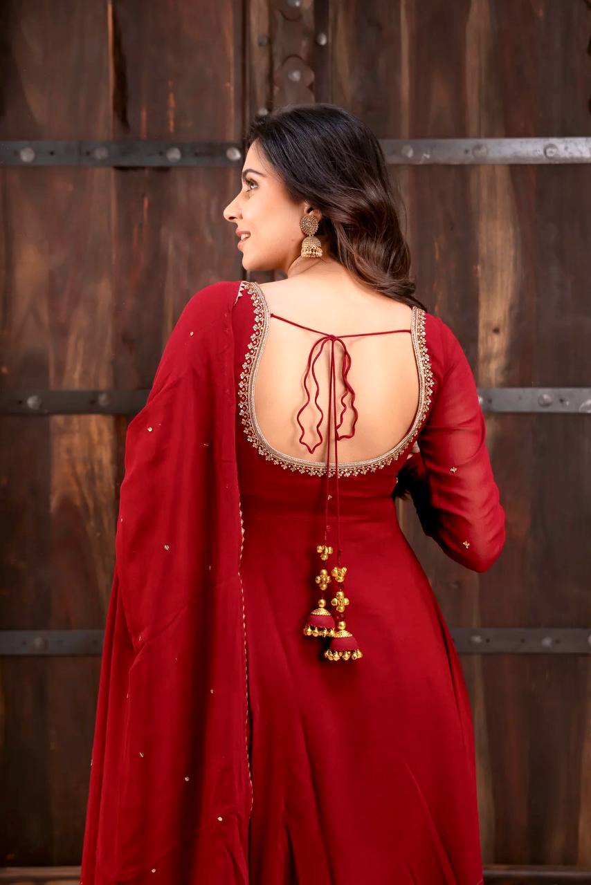 Maroon Georgette Hand Work Anarkali Gown with Pant & Dupatta