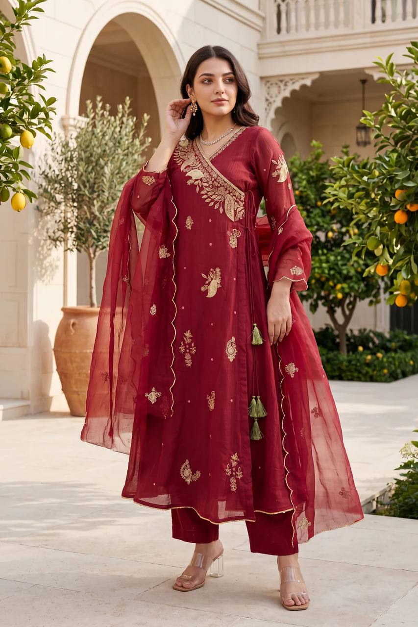 Maroon Mul Chanderi Embroidered Angrakha Kurti Pant Set for Women