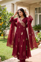 Maroon Mul Chanderi Embroidered Angrakha Kurti Pant Set for Women