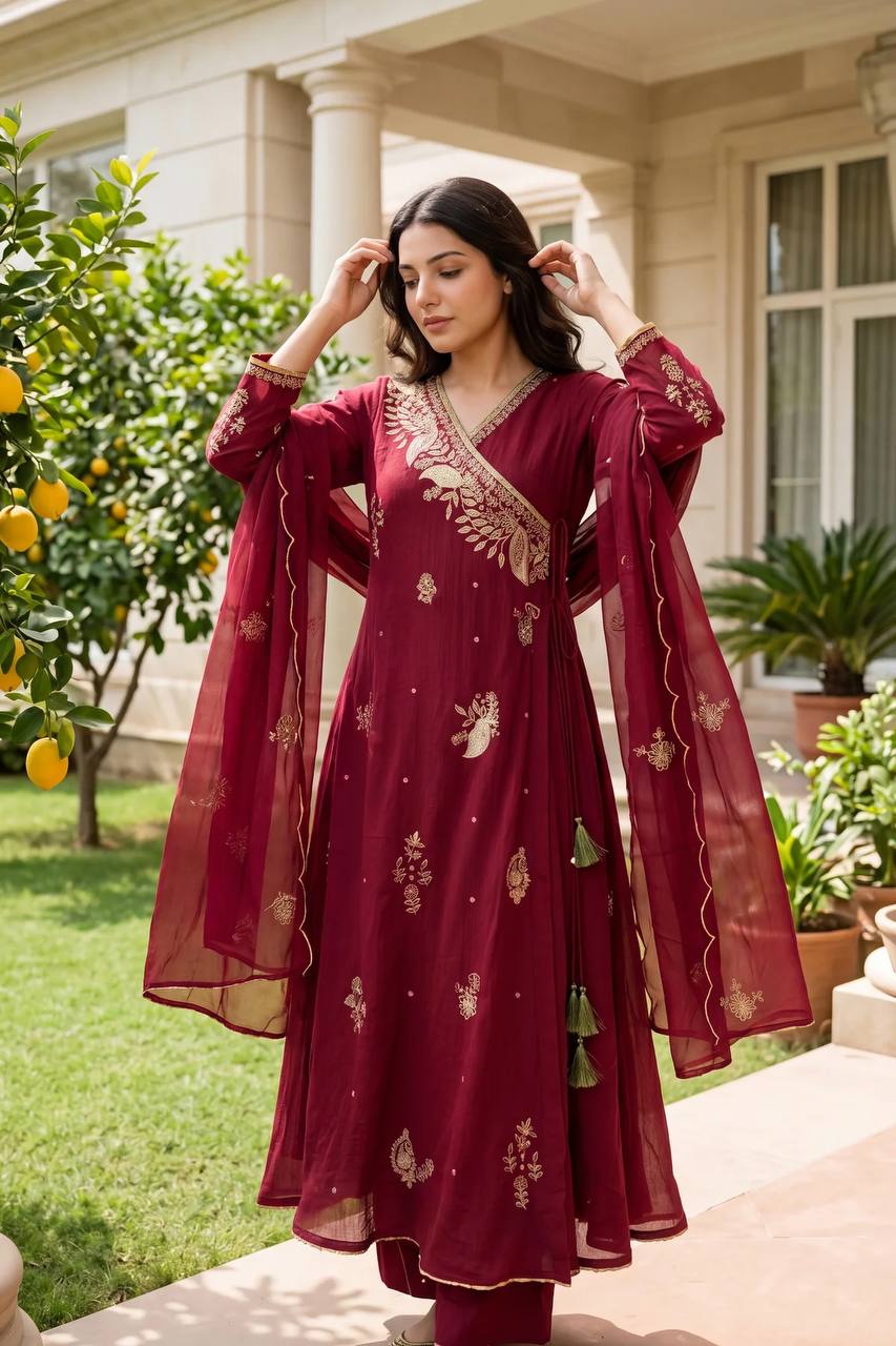 Maroon Mul Chanderi Embroidered Angrakha Kurti Pant Set for Women