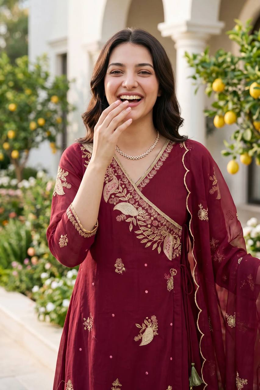 Maroon Mul Chanderi Embroidered Angrakha Kurti Pant Set for Women