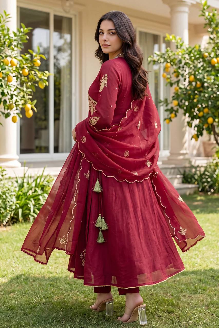 Maroon Mul Chanderi Embroidered Angrakha Kurti Pant Set for Women