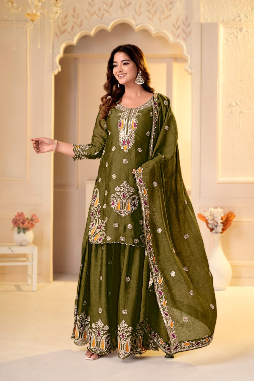Mehendi Green Rangoli Crush Embroidered Sharara Suit