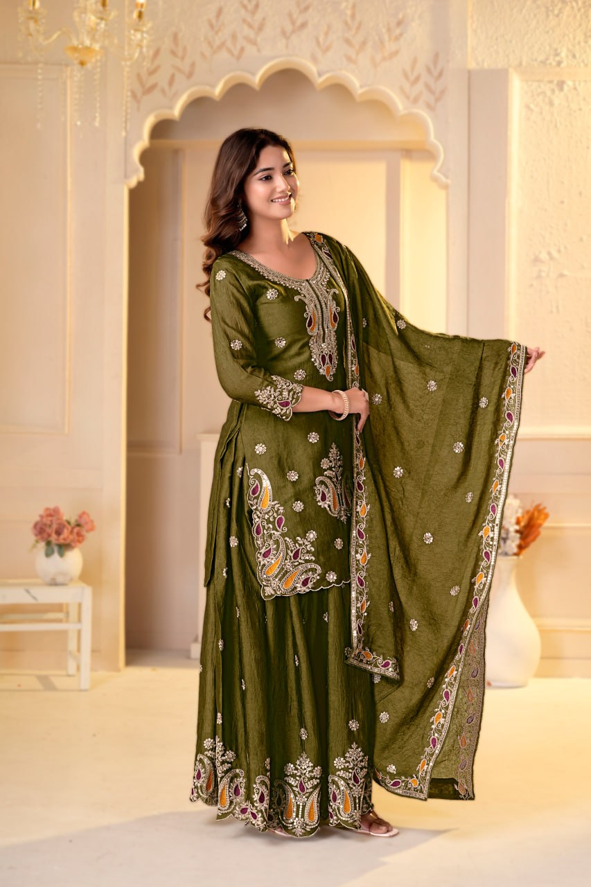 Mehendi Green Sharara Suit - dupatta spread