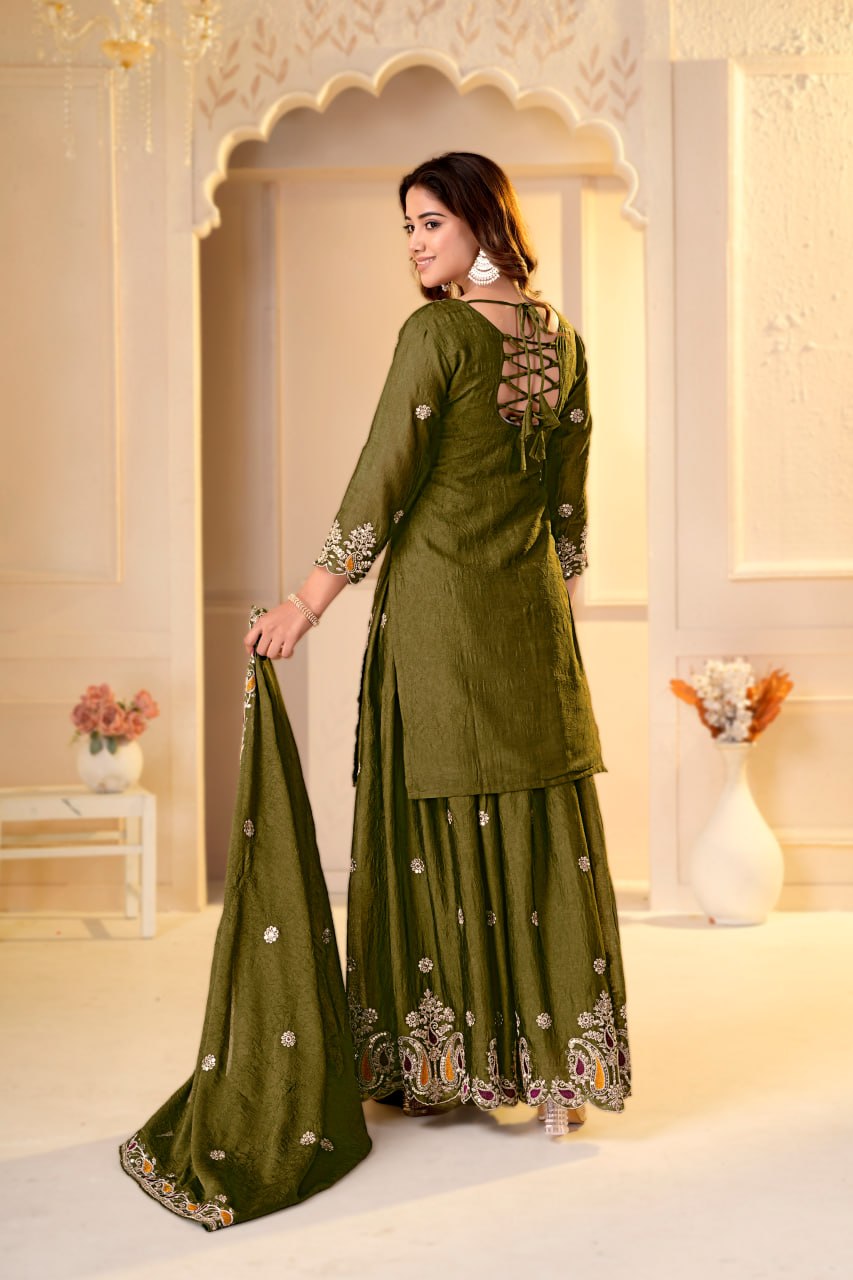 Mehendi Green Sharara Suit - back tie-up view
