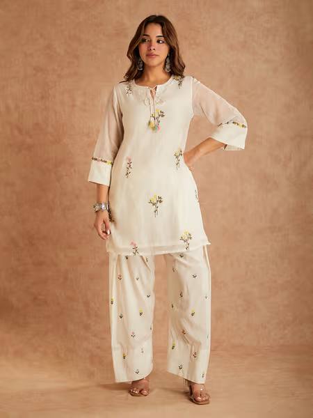 Off White Cotton Silk Embroidered Kurti Farshi Salwar Set with Dupatta