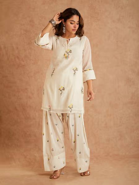 Off White Cotton Silk Embroidered Kurti Farshi Salwar Set with Dupatta