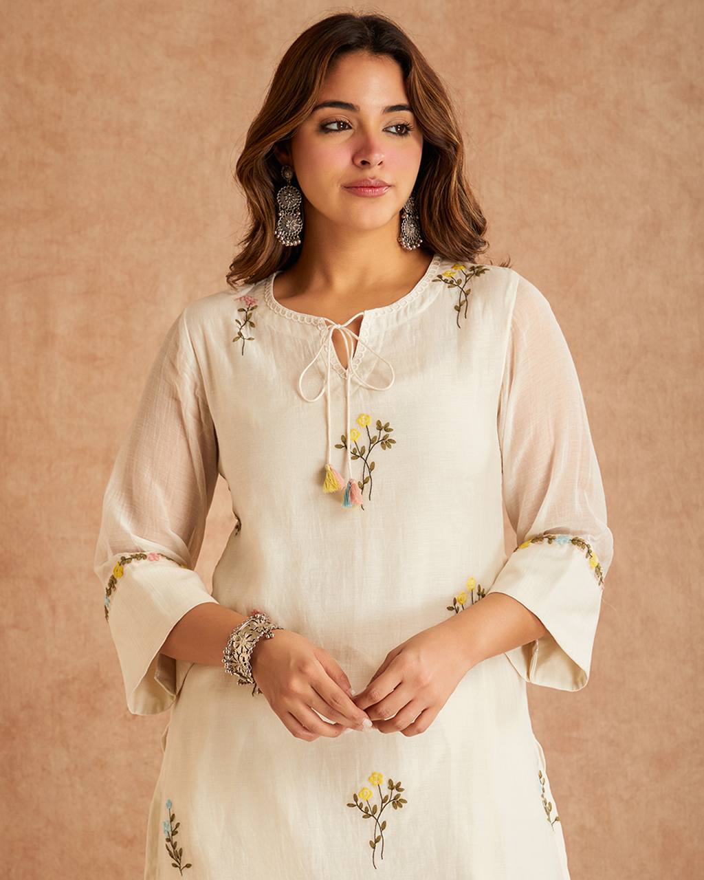 Off White Cotton Silk Embroidered Kurti Farshi Salwar Set with Dupatta