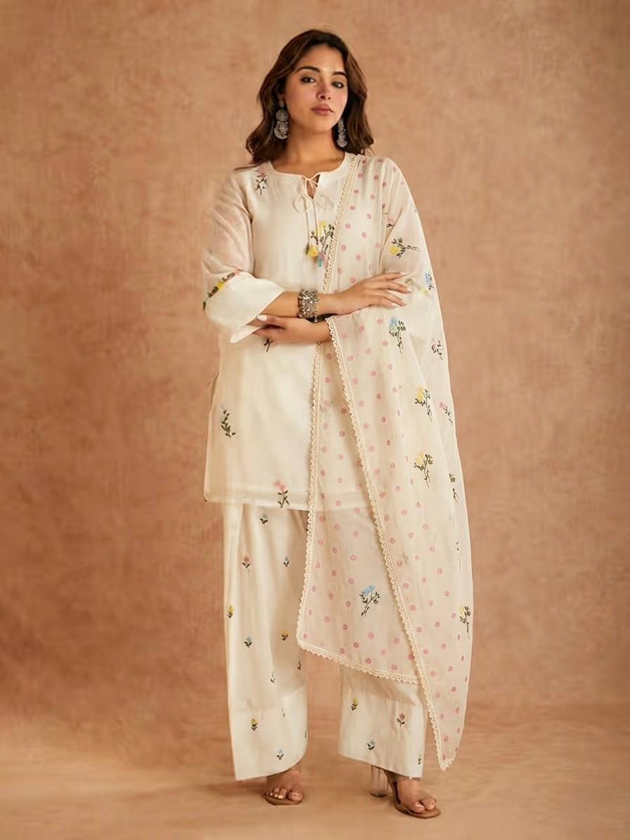 Off White Cotton Silk Embroidered Kurti Farshi Salwar Set with Dupatta