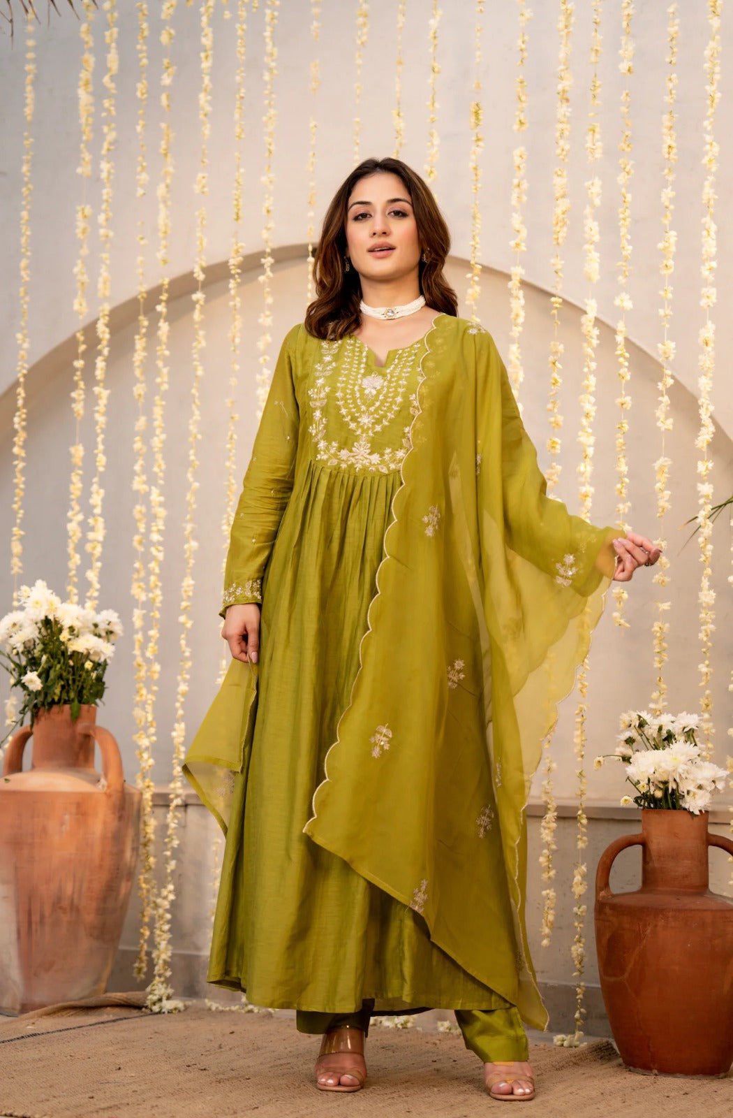 Mehendi Green Chanderi Silk Embroidered Anarkali Suit