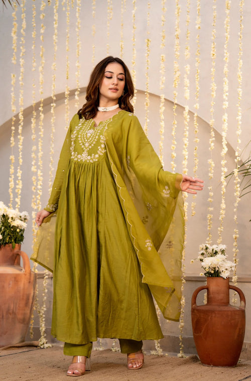 Mehendi Green Chanderi Silk Embroidered Anarkali Suit
