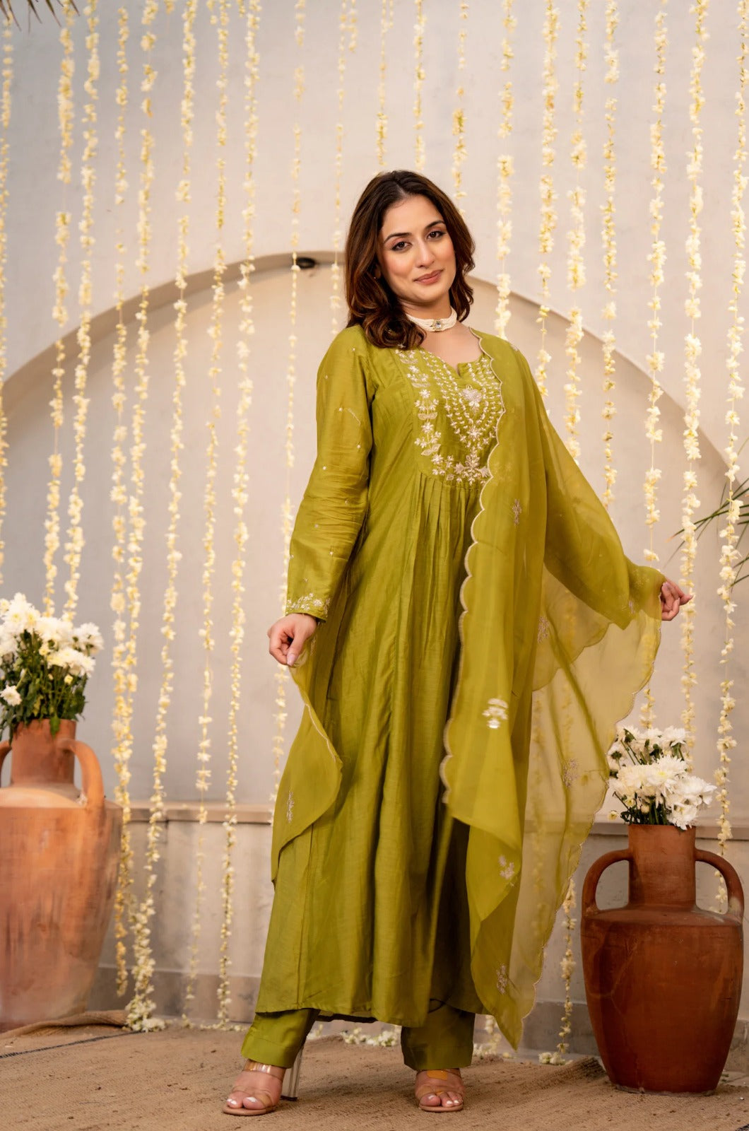 Mehendi Green Chanderi Silk Embroidered Anarkali Suit