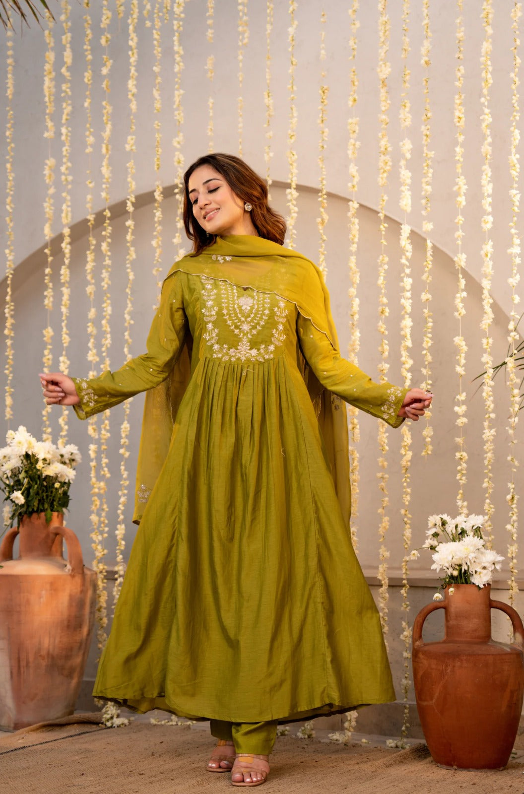 Mehendi Green Chanderi Silk Embroidered Anarkali Suit