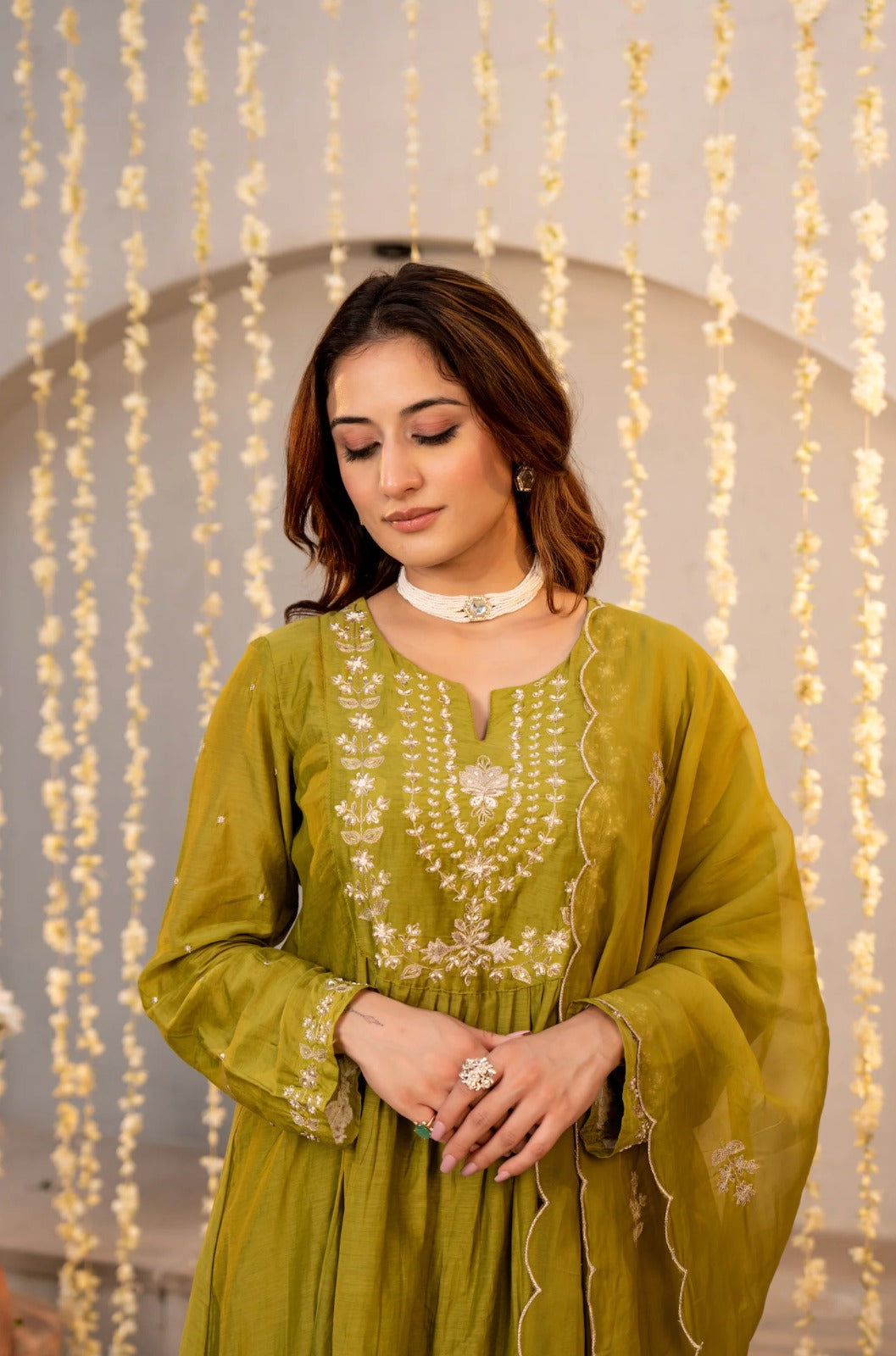 Mehendi Green Chanderi Silk Embroidered Anarkali Suit