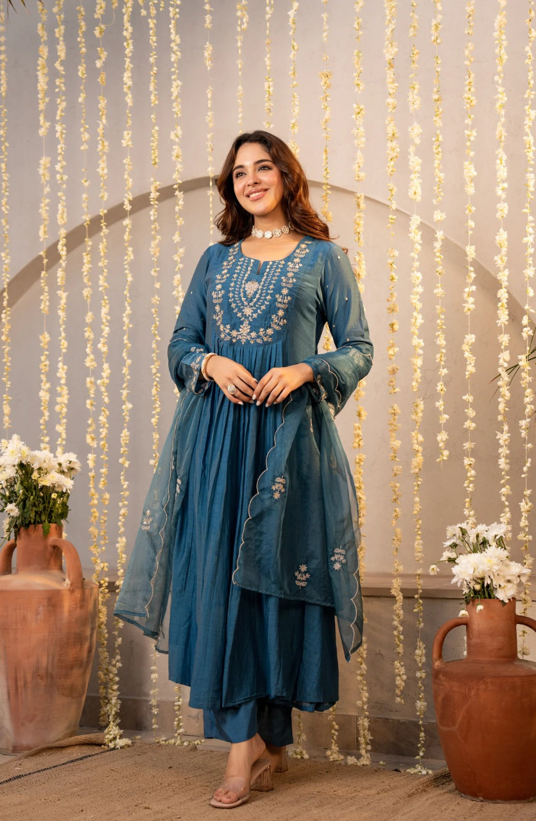 Teal Blue Chanderi Silk Embroidered Anarkali Suit