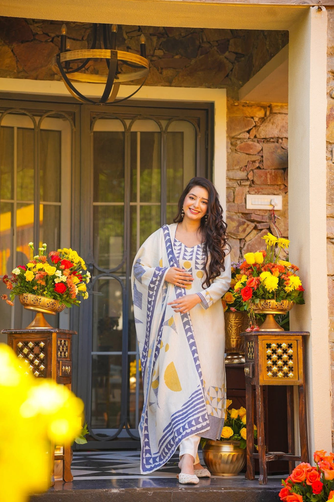 Off White Muslin Printed Straight Kurti Pant Set with Dupatta