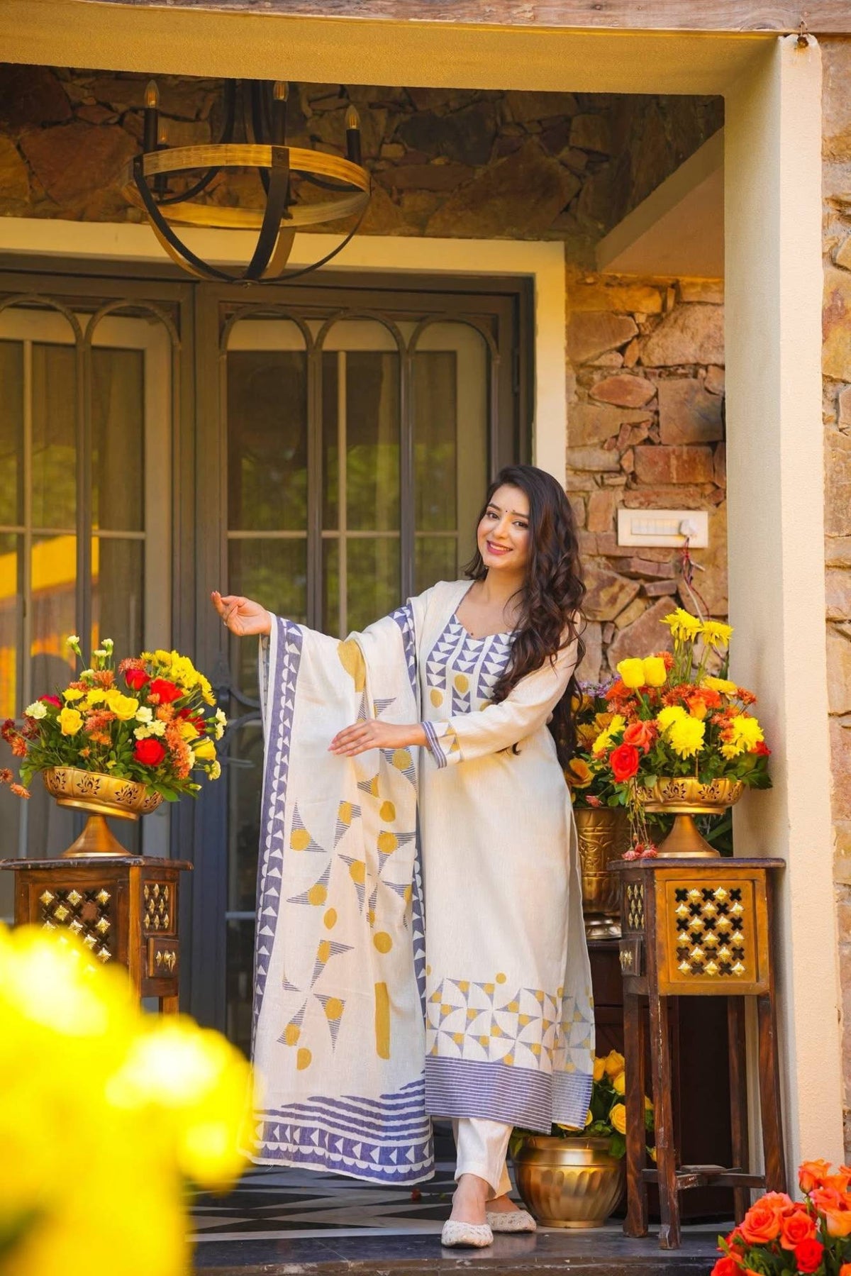Off White Muslin Printed Straight Kurti Pant Set with Dupatta