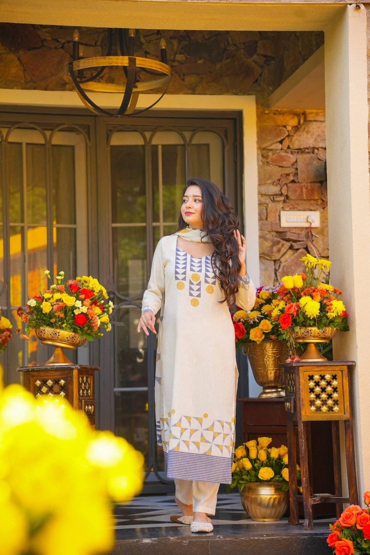 Off White Muslin Printed Straight Kurti Pant Set with Dupatta