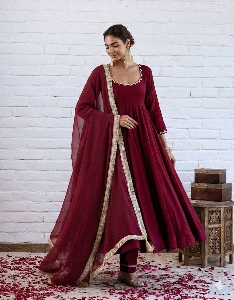 Maroon Chanderi Silk Anarkali Suit with Dupatta