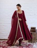 Maroon Chanderi Silk Anarkali Suit with Dupatta