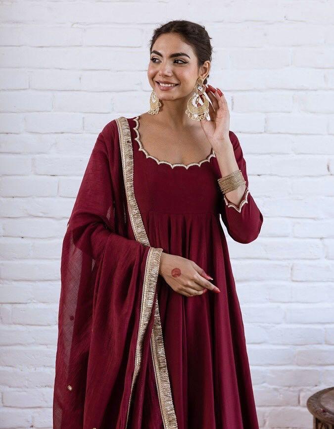 Maroon Chanderi Silk Anarkali Suit with Dupatta