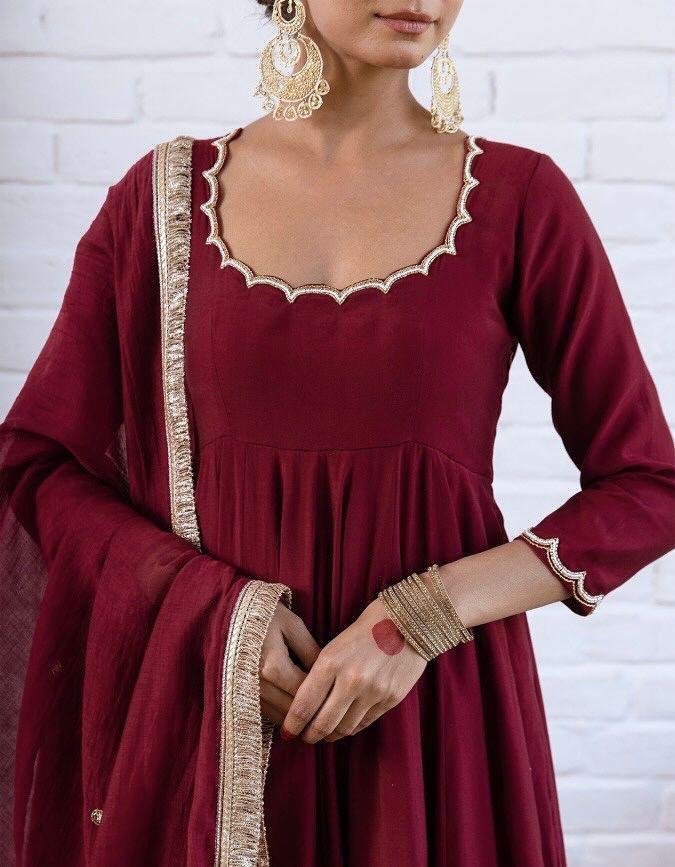 Maroon Chanderi Silk Anarkali Suit with Dupatta