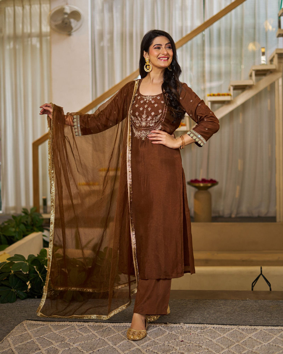 Brown Vichitra Silk Straight Kurti Pant Set with Organza Dupatta