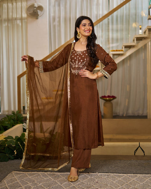 Brown Vichitra Silk Straight Kurti Pant Set with Organza Dupatta