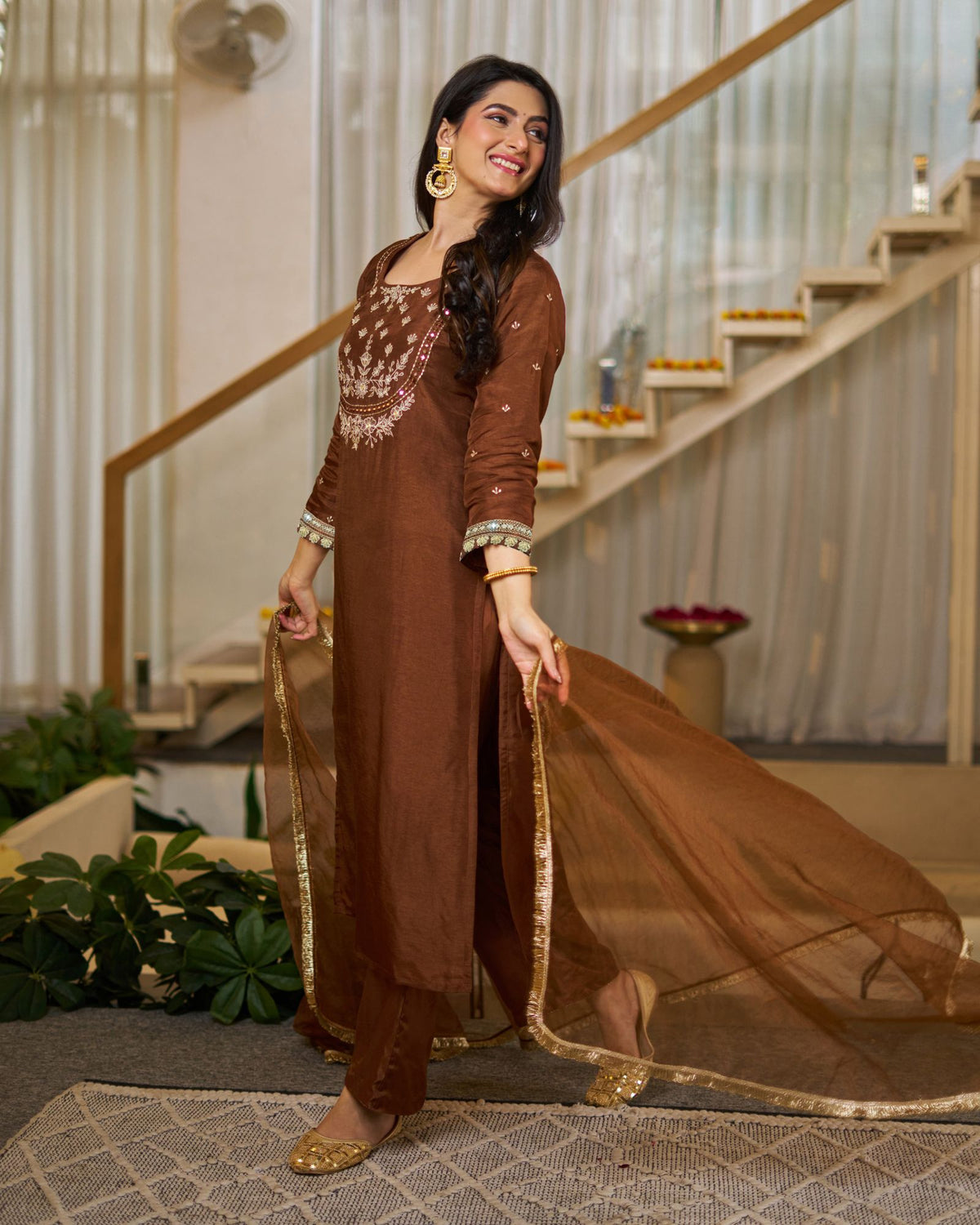 Brown Vichitra Silk Straight Kurti Pant Set with Organza Dupatta