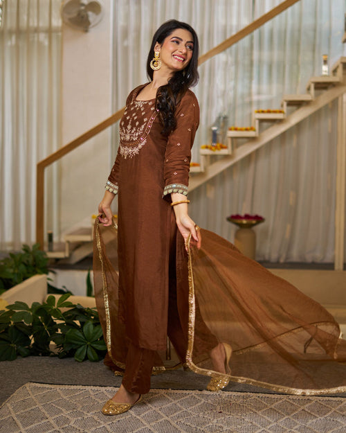 Brown Vichitra Silk Straight Kurti Pant Set with Organza Dupatta
