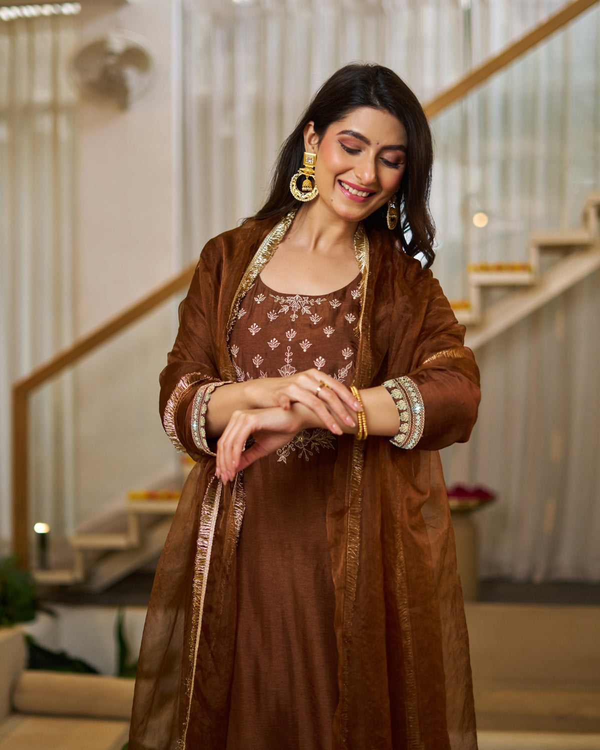 Brown Vichitra Silk Straight Kurti Pant Set with Organza Dupatta