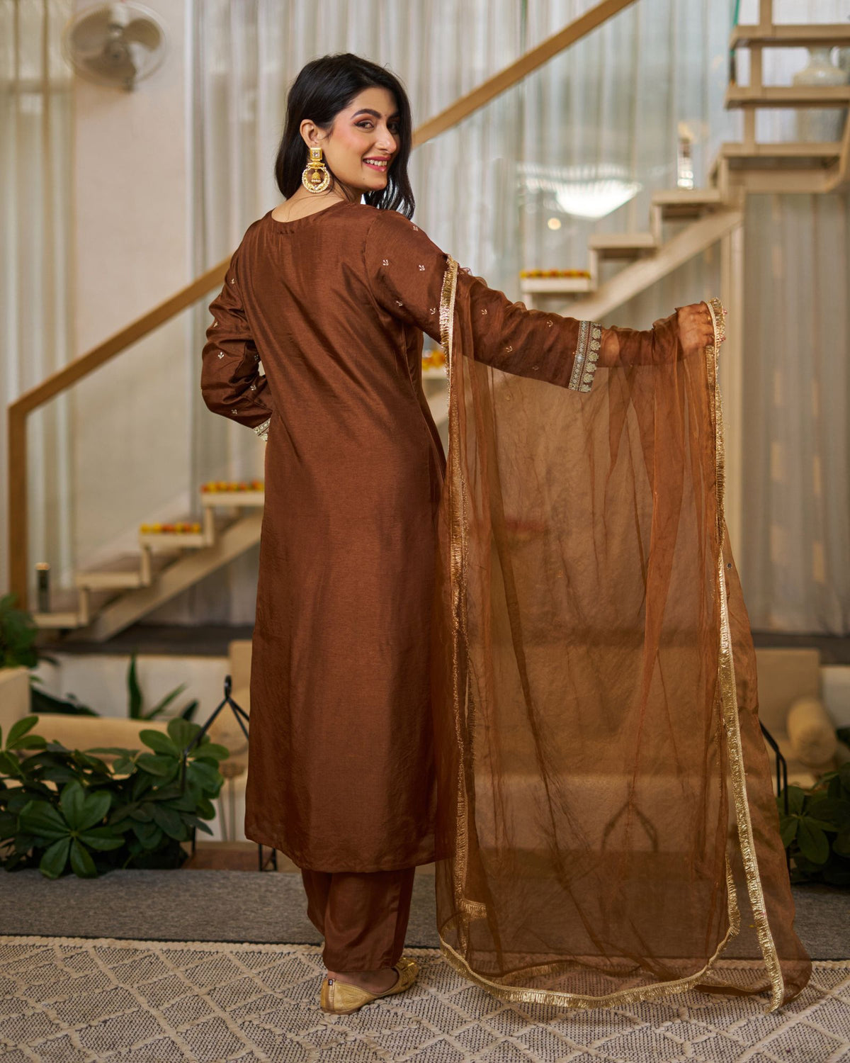 Brown Vichitra Silk Straight Kurti Pant Set with Organza Dupatta