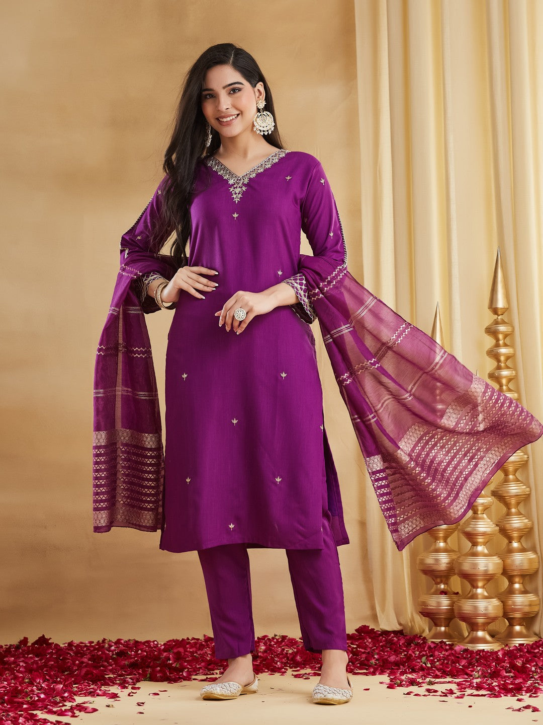 Purple Viscose Rayon Embroidered Straight Kurti Pant Set with Dupatta