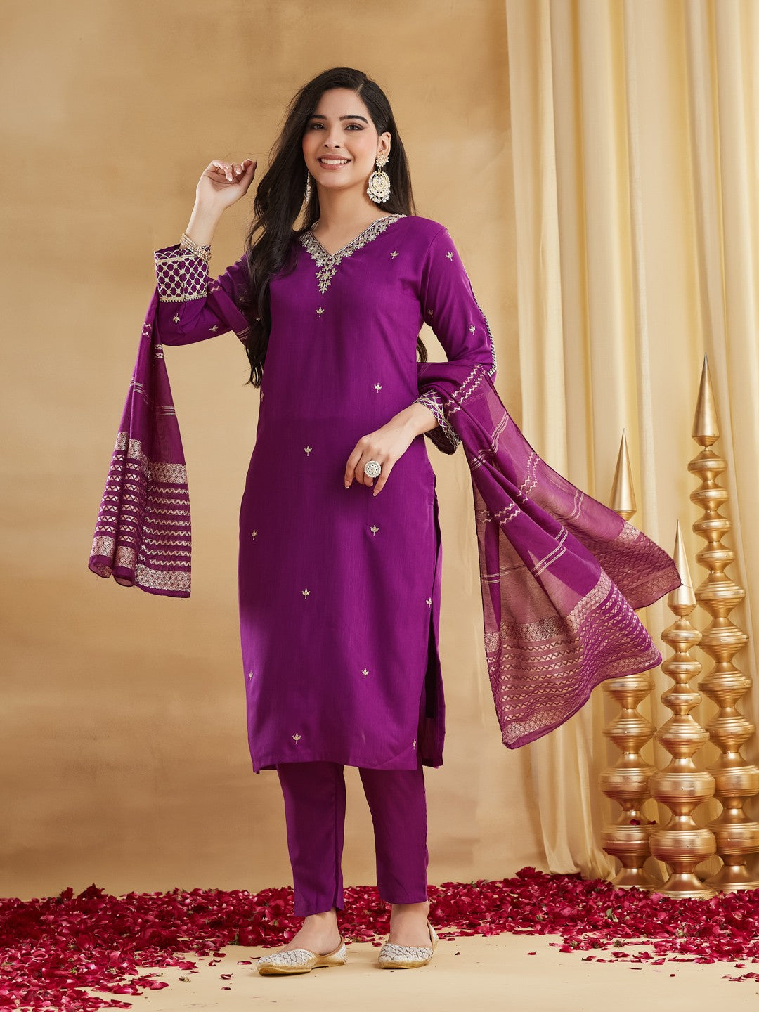 Purple Viscose Rayon Embroidered Straight Kurti Pant Set with Dupatta