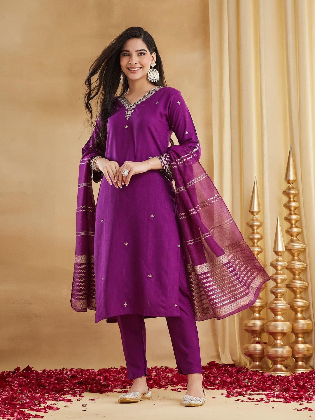 Purple Viscose Rayon Embroidered Straight Kurti Pant Set with Dupatta