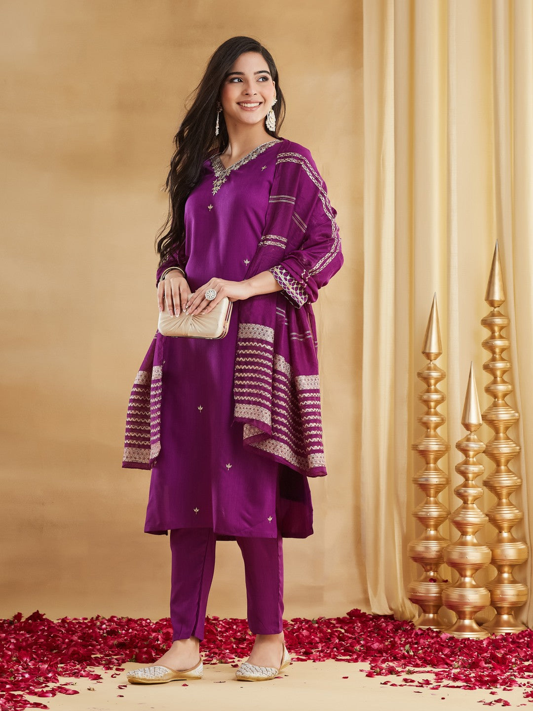 Purple Viscose Rayon Embroidered Straight Kurti Pant Set with Dupatta