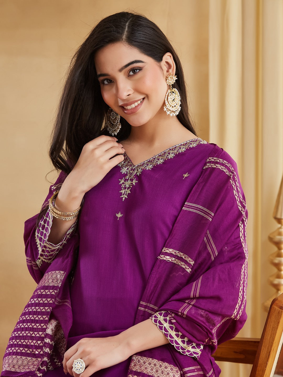 Purple Viscose Rayon Embroidered Straight Kurti Pant Set with Dupatta