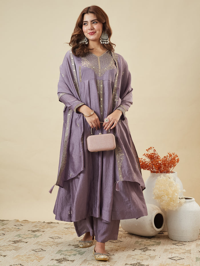 Lavender Vichitra Silk Embroidered Kurti Pant Set with Dupatta