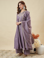 Lavender Vichitra Silk Embroidered Kurti Pant Set with Dupatta