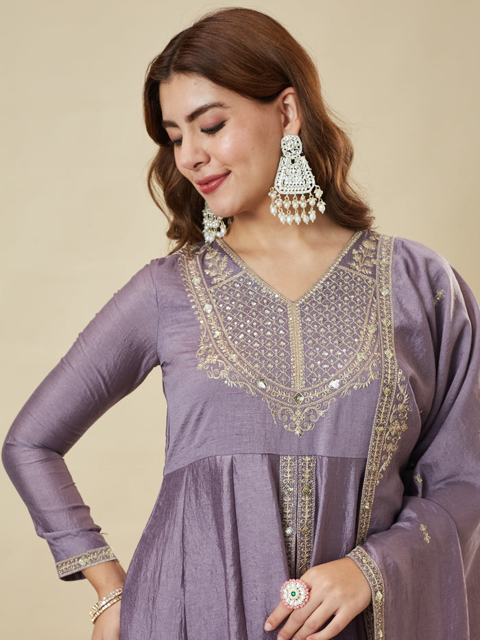 Lavender Vichitra Silk Embroidered Kurti Pant Set with Dupatta