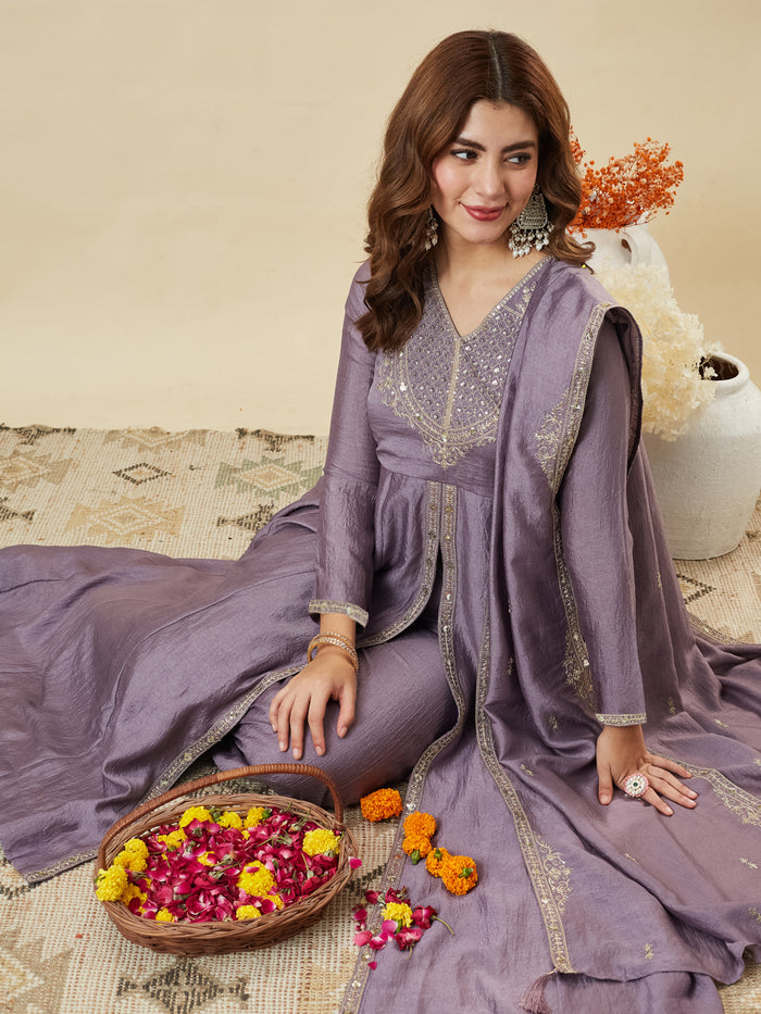 Lavender Vichitra Silk Embroidered Kurti Pant Set with Dupatta