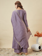 Lavender Vichitra Silk Embroidered Kurti Pant Set with Dupatta