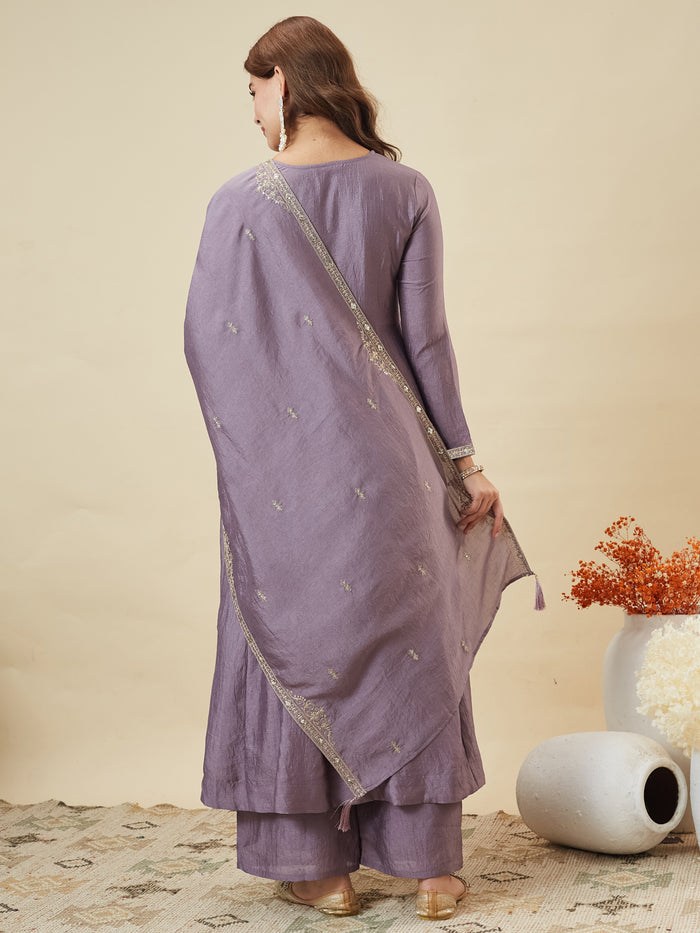 Lavender Vichitra Silk Embroidered Kurti Pant Set with Dupatta