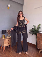 Black Faux Georgette Embroidered Kurti Flared Pant Set